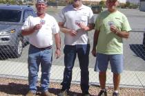 Mike Norton/Special to Pahrump Valley Times Class B champion Dave Barefield, tournament champion Neal Schulte and Class C champion Mike Nicosia after the Pahrump Spring Open horseshoes tournament ...