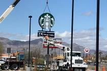 Terri Meehan/Special to the Pahrump Valley Times A sign was raised at the new Starbucks location under construction in Pahrump on March 7, 2019. According to a small sign in front of the future co ...