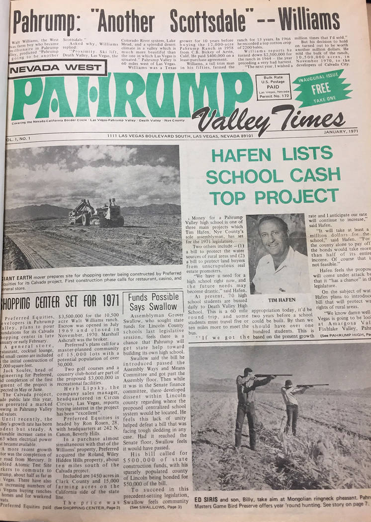 File Photo The front page of the first Pahrump Valley Times published in late December 1970. Th ...