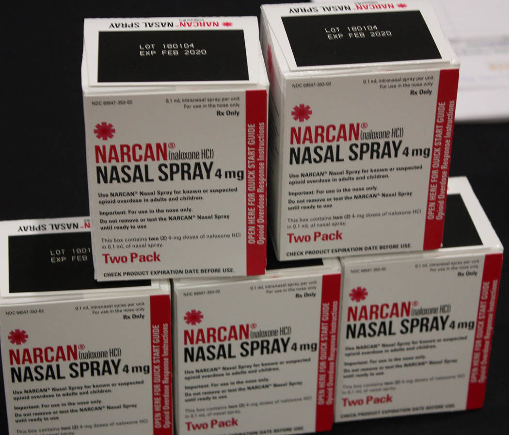 Robin Hebrock/Pahrump Valley Times Boxes of Narcan nasal spray were displayed on the Living Fre ...