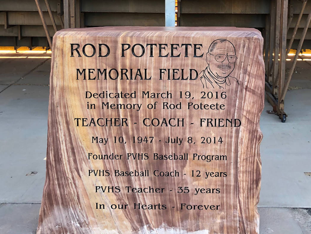 Tom Rysinski/Pahrump Valley Times The stone marking Rod Poteete Memorial Field at Pahrump Valle ...