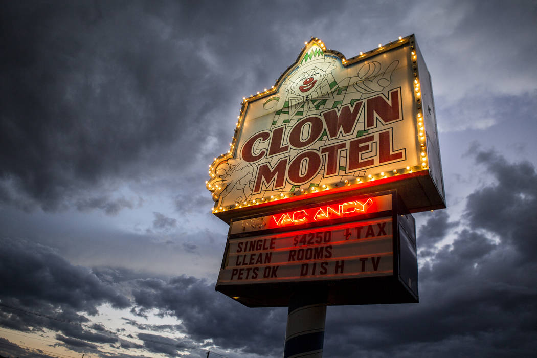 The Clown Motel sign glows as the sun sets in Tonopah on Tuesday, July 25, 2017. The Clown is c ...