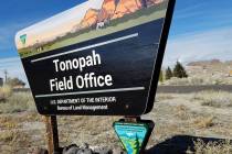David Jacobs/Pahrump Valley Times The sign is in front of a BLM office in Tonopah, the Nye Cou ...