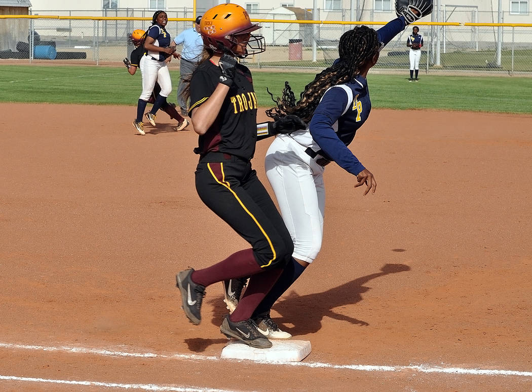 Horace Langford Jr./Pahrump Valley Times Nicky Velazquez beats the throw to first base after an ...