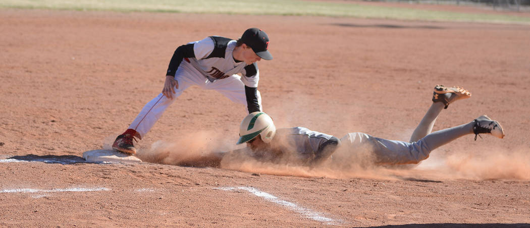 Jo Eason/Special to the Pahrump Valley Times Tonopah's Brayden Tisue tags out a Beatty baserunn ...