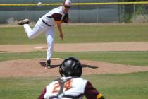 Charlotte Uyeno/Pahrump Valley Times Pahrump Valley pitcher Cyle Havel throws warm-up pitches t ...