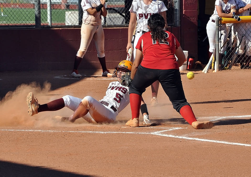 Horace Langford Jr./Pahrump Valley Times Pahrump Valley's Hailey Cuellar slides safely into hom ...