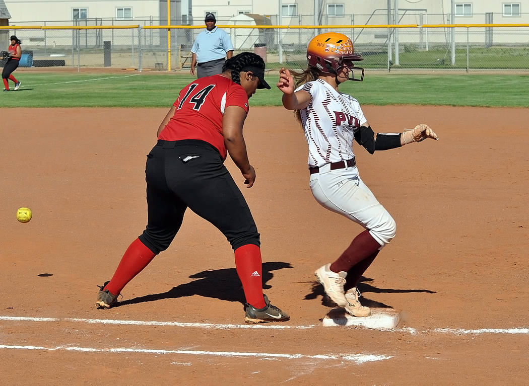 Horace Langford Jr./Pahrump Valley Times Natalie Waugh-Magana of Pahrump Valley reached first b ...