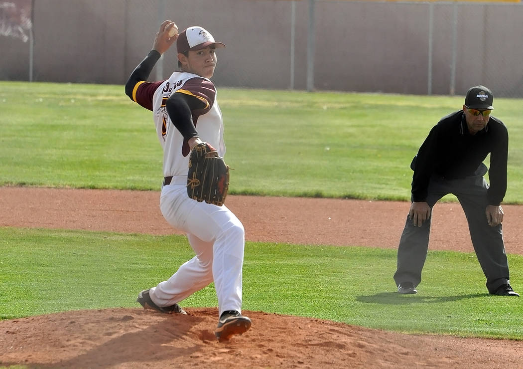 Horace Langford Jr./Pahrump Valley Times Sophomore Jalen Denton pitches against Mojave during a ...