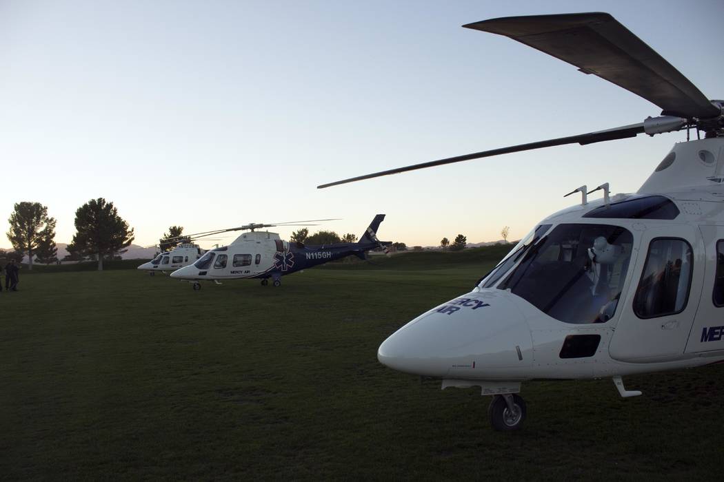 Jeffrey Meehan/Pahrump Valley Times Several Mercy Air helicopters sit at Mountain Falls Golf Co ...