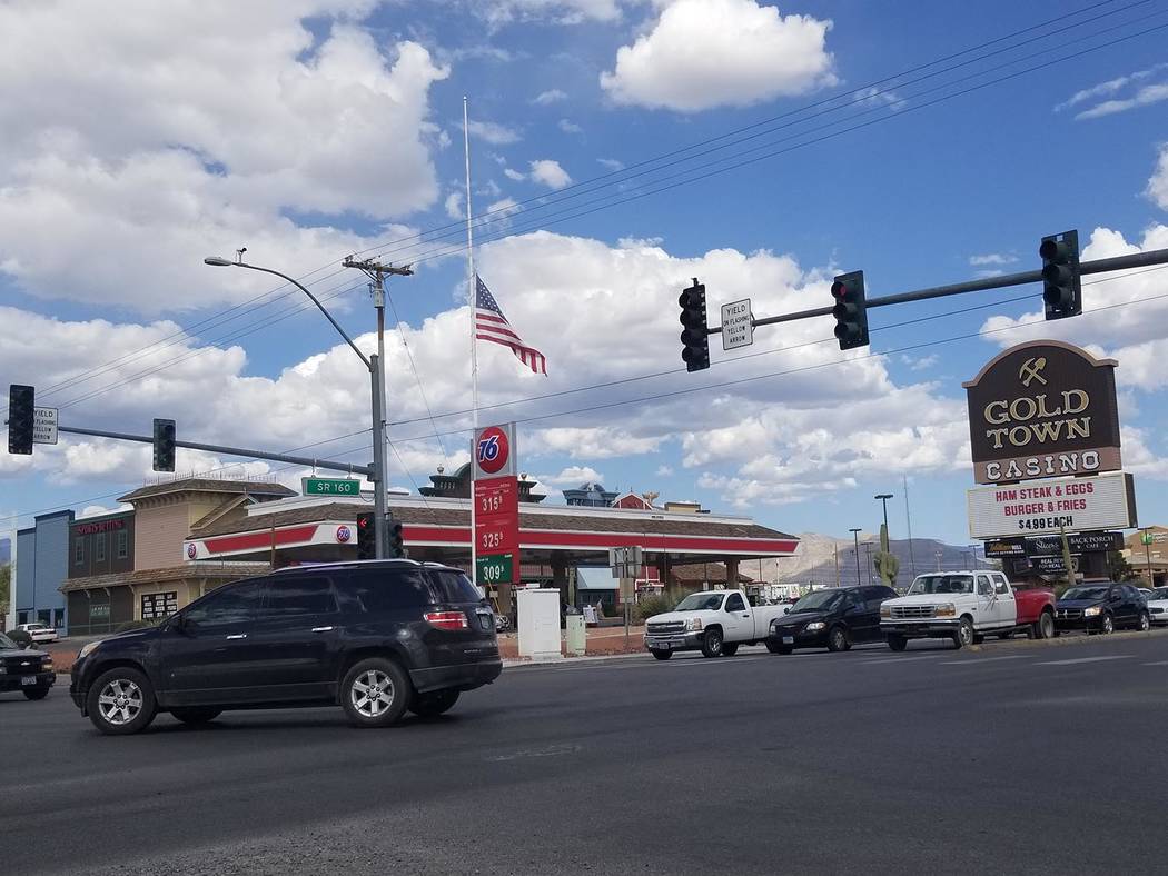 David Jacobs/Pahrump Valley Times The American flag stands at half staff in Pahrump as shown in ...