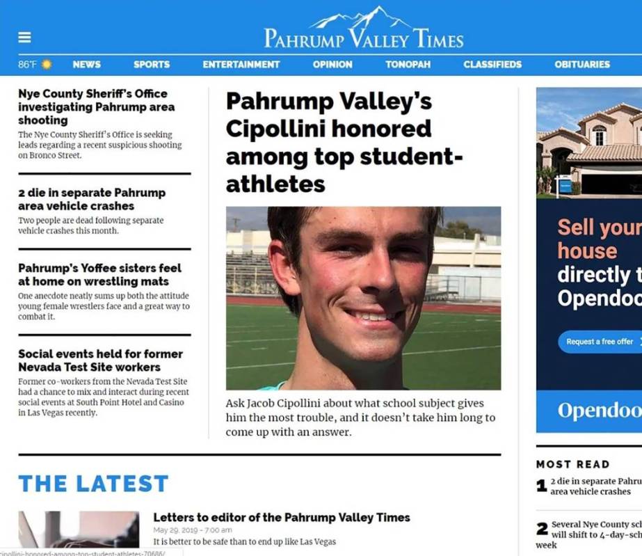 Screenshot/Pahrump Valley Times A look at the test page from the upcoming refreshed website of ...