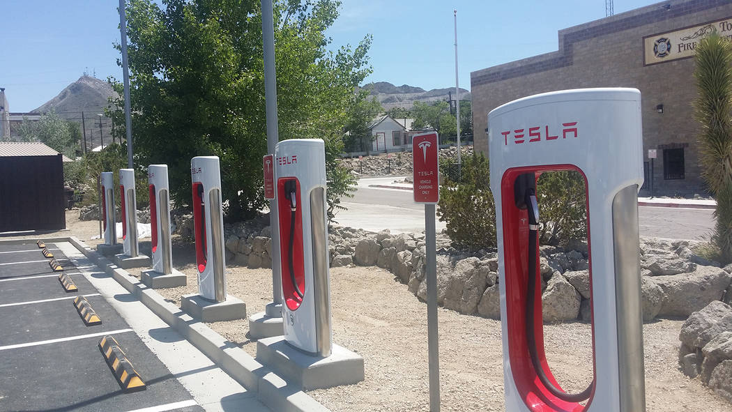 David Jacobs/Pahrump Valley Times Tesla charging stations in the Nye County community of Tonopa ...