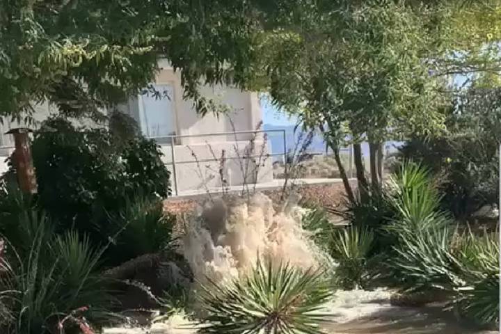 Screenshot of video by Ryan Muccio Water is shown gushing near Ambush and Dandelion streets in ...