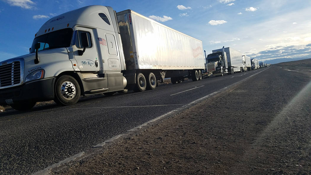 David Jacobs/Pahrump Valley Times Truck traffic backs up near the scene of a crash along U.S. H ...