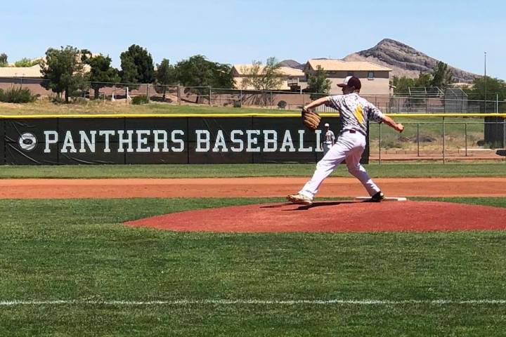 Tom Rysinski/Pahrump Valley Times James Metscher delivers a pitch Wednesday for the Pahrump Tro ...
