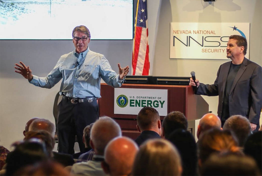 from @SecretaryPerry on Twitter Energy Secretary Rick Perry talks to workers at the Nevada Nati ...