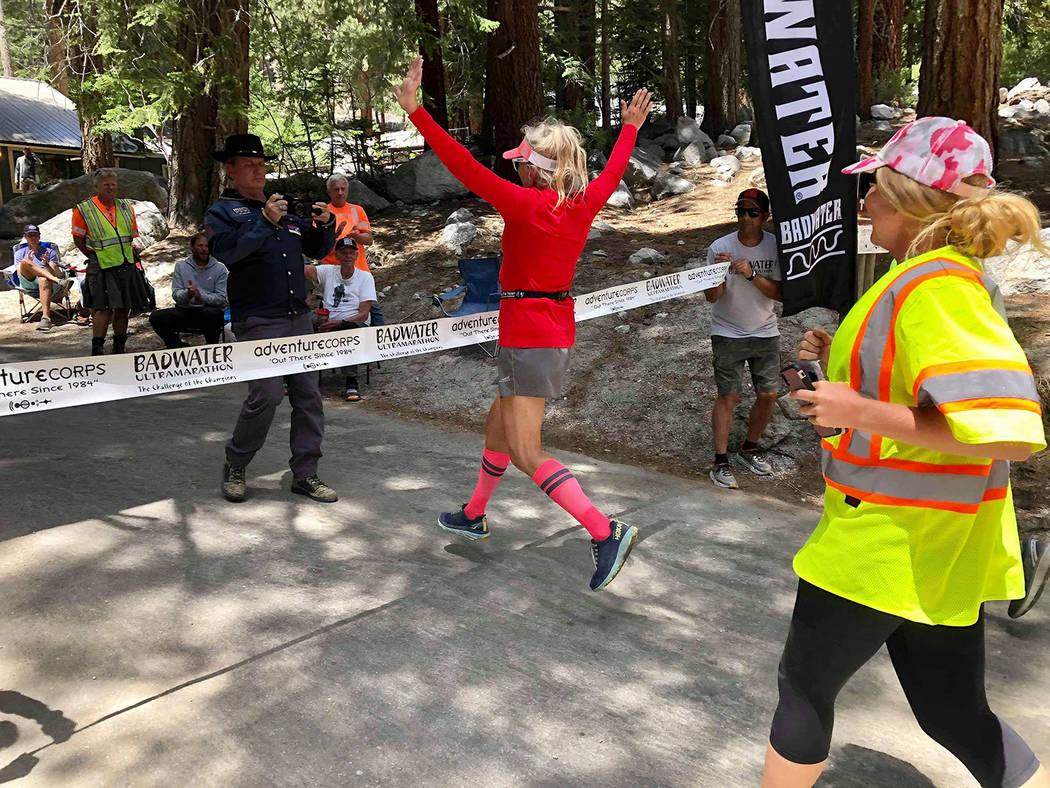 Kerstin Kent/Special to the Pahrump Valley Times Karla Kent of Las Vegas reaches the finish lin ...