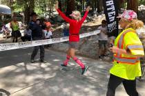 Kerstin Kent/Special to the Pahrump Valley Times Karla Kent of Las Vegas reaches the finish lin ...