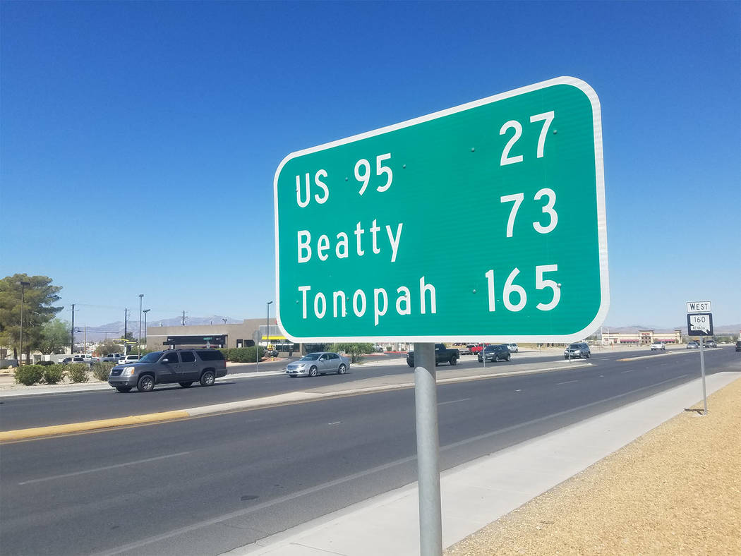 David Jacobs/Pahrump Valley Times A sign in Pahrump shows the distance in Tonopah. Tonopah is c ...