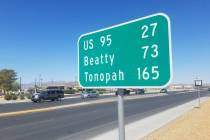 David Jacobs/Pahrump Valley Times A sign in Pahrump shows the distance in Tonopah. Tonopah is c ...