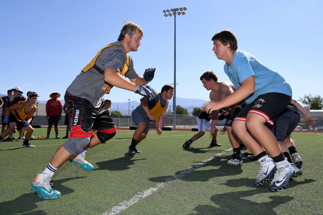 Peter Davis/Special to the Pahrump Valley Times Linemen square off during Pahrump Valley High S ...