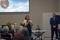 Robin Hebrock/Pahrump Valley Times Linda DeMeo, widow of the late Tony DeMeo, is pictured addre ...