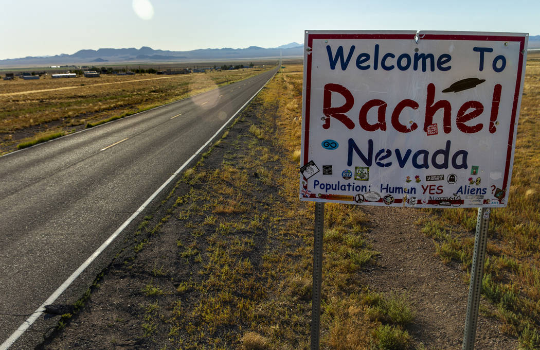 A sign welcomes visitors as they enter the town of Rachel, Nevada, which is to be a gathering s ...