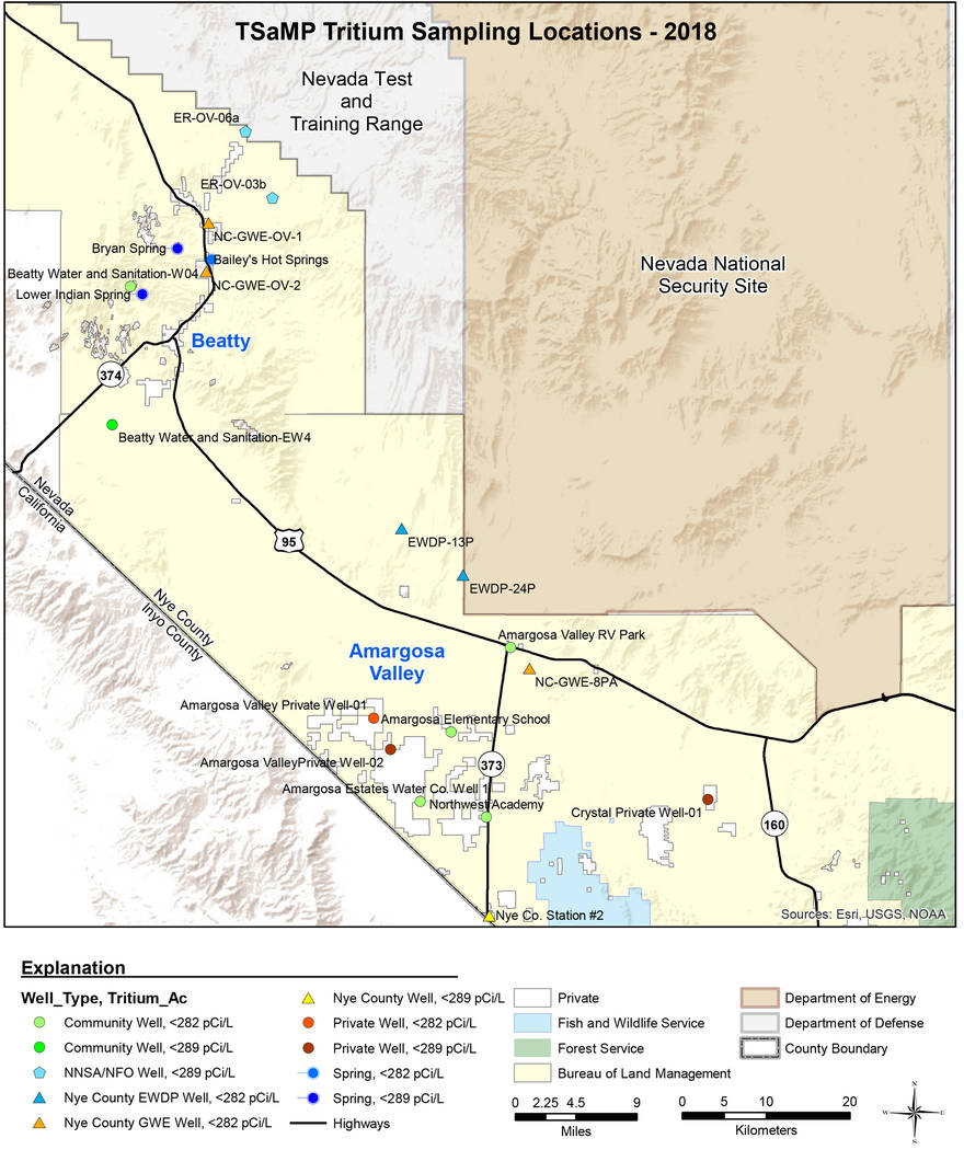 Special to the Pahrump Valley Times This maps shows the locations of the 2018 tritium sampling ...