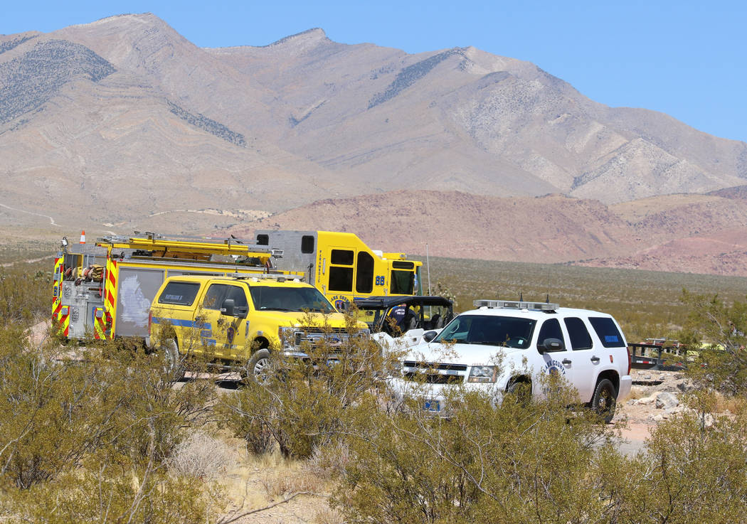 Emergency vehicles are seen near Goodsprings, southwest of Las Vegas, where a hot air balloon c ...