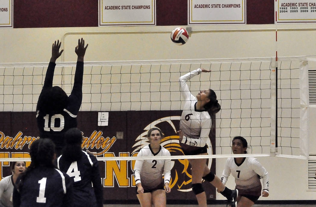 Horace Langford Jr./Pahrump Valley Times Junior Nicky Velazquez goes up for a kill during a swe ...