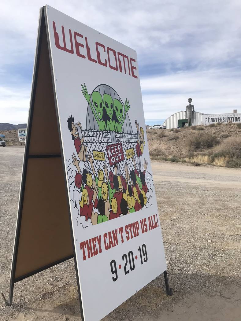 Jeffrey Meehan/Pahrump Valley Times A welcome sign for the "Storm Area 51" event, pegged to att ...