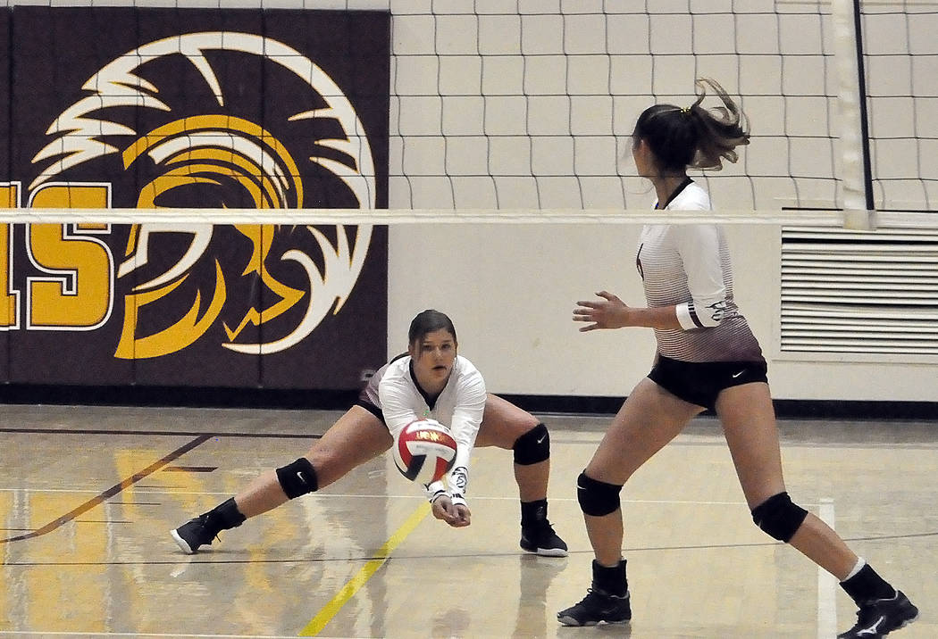 Horace Langford Jr./Pahrump Valley Times Pahrump Valley sophomore Tayla Wombaker reaches to set ...