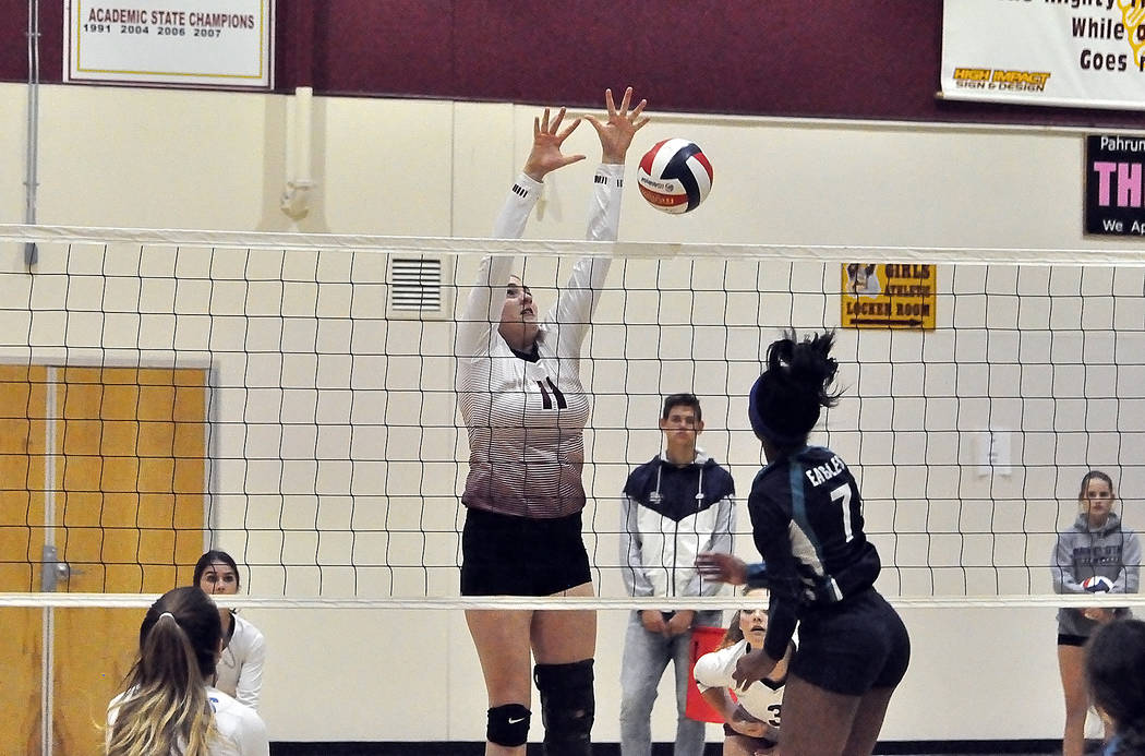 Horace Langford Jr./Pahrump Valley Times Pahrump Valley's Kylie Stritenberger goes up for a blo ...