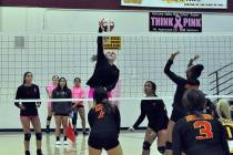 Horace Langford Jr./Pahrump Valley Times Kylie Stritenberger goes up for one of her 7 kills Mon ...
