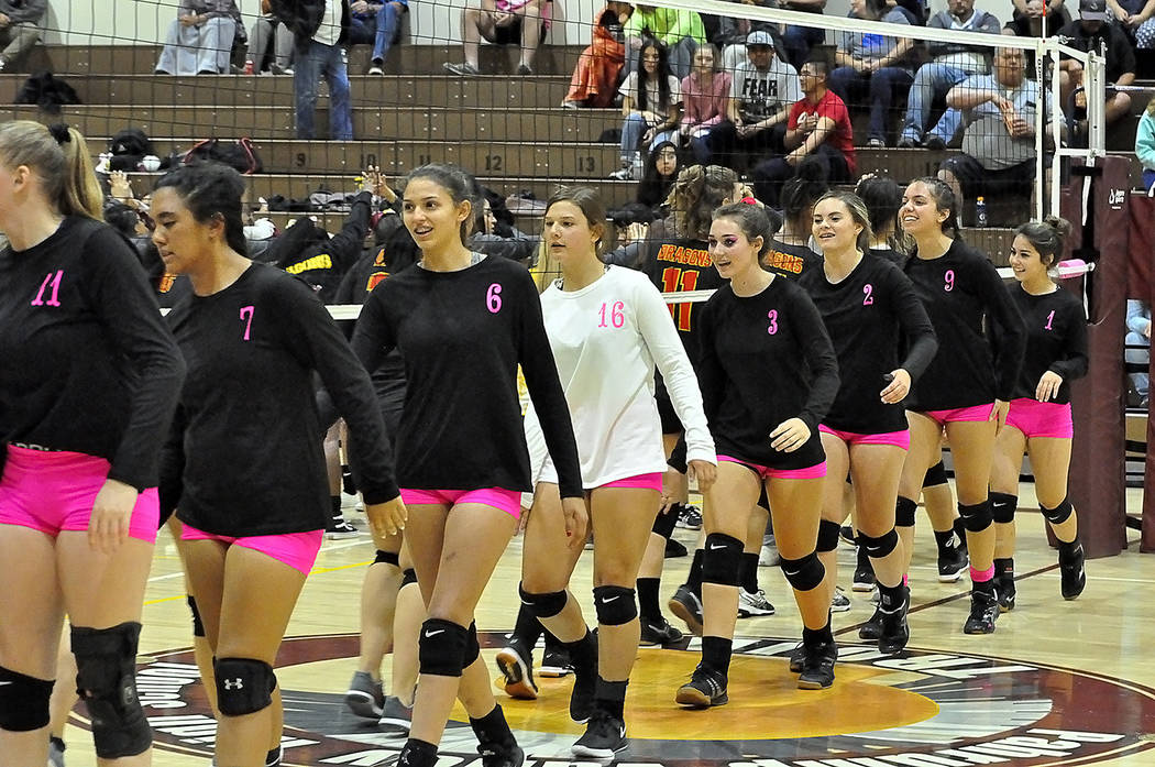 Horace Langford Jr./Pahrump Valley Times Pahrump Valley and Del Sol volleyball players after th ...