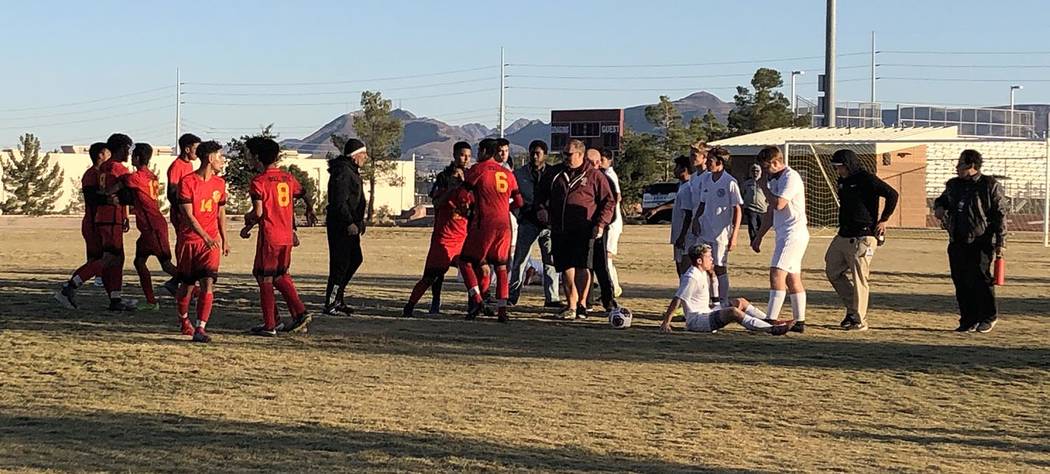Tom Rysinski/Pahrump Valley Times Del Sol and Pahrump Valley players exchange a few shoves afte ...