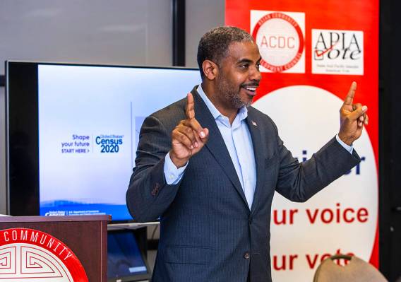 U.S. Rep. Steven Horsford. D-Nev., speaks about his family history to volunteers during an Asia ...