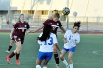 Horace Langford Jr./Pahrump Valley Times Pahrump Valley junior Maddy Souza, shown heading the b ...