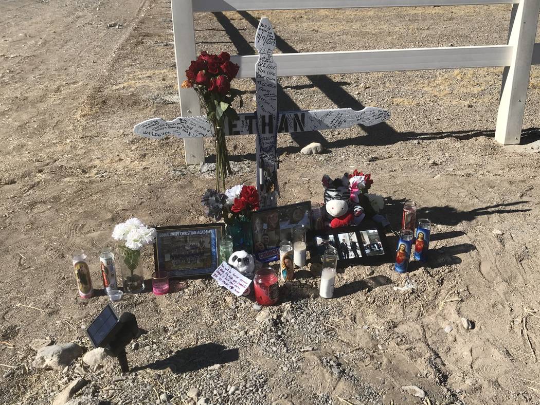 Jeffrey Meehan/Pahrump Valley Times A roadside memorial for Ethan Osterman, a 15-year-old Pahr ...