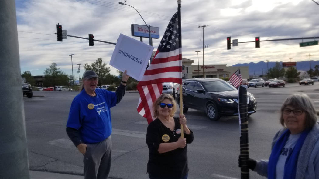 David Jacobs/Pahrump Valley Times At the corner of Nevada Highways 160 and 372, protesters gath ...