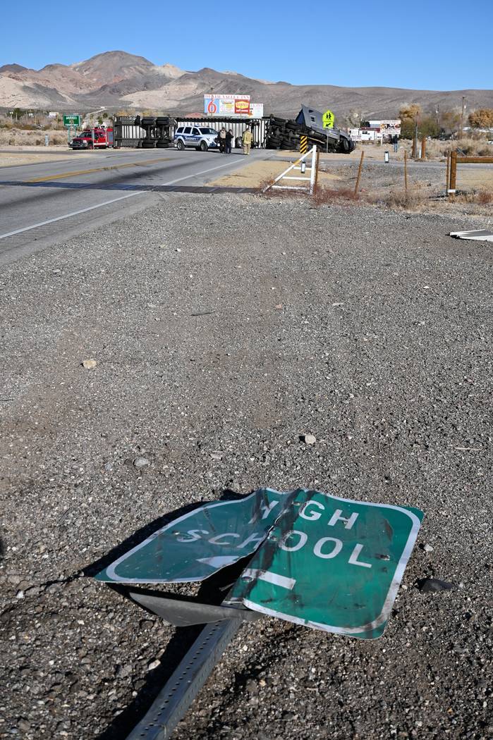 Richard Stephens/Special to the Pahrump Valley Times The crash took out a sign that directs peo ...