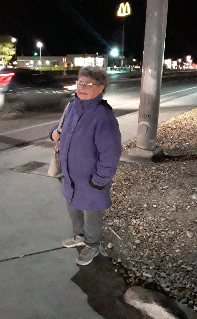 Selwyn Harris/Pahrump Valley Times Clad in a warm lavender coat, Patricia Marzoline, standing a ...