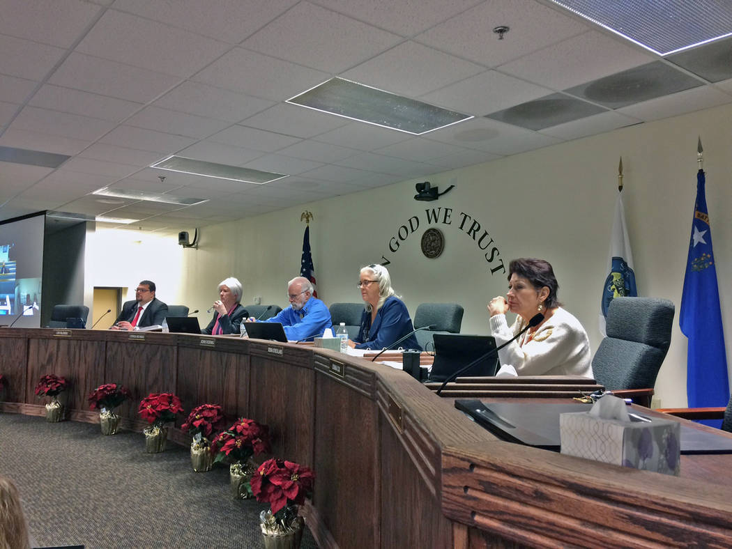 Robin Hebrock/Pahrump Valley Times The Nye County Commission is shown listening to the public s ...