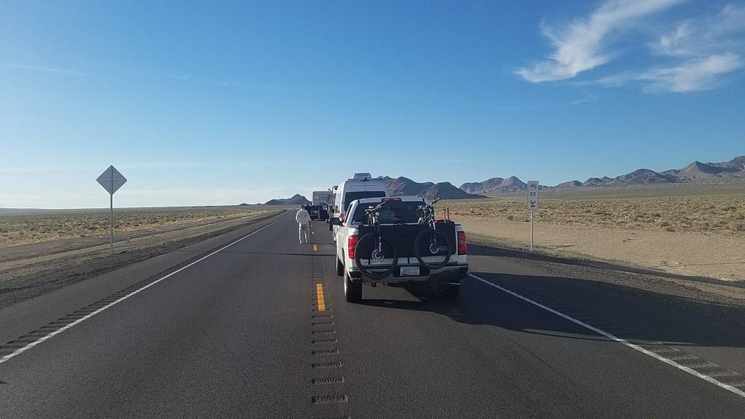 David Jacobs/Pahrump Valley Times Traffic stopped along U.S. Highway 95 between Goldfield and T ...