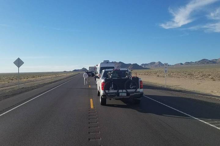 David Jacobs/Pahrump Valley Times Traffic stopped along U.S. Highway 95 between Goldfield and T ...