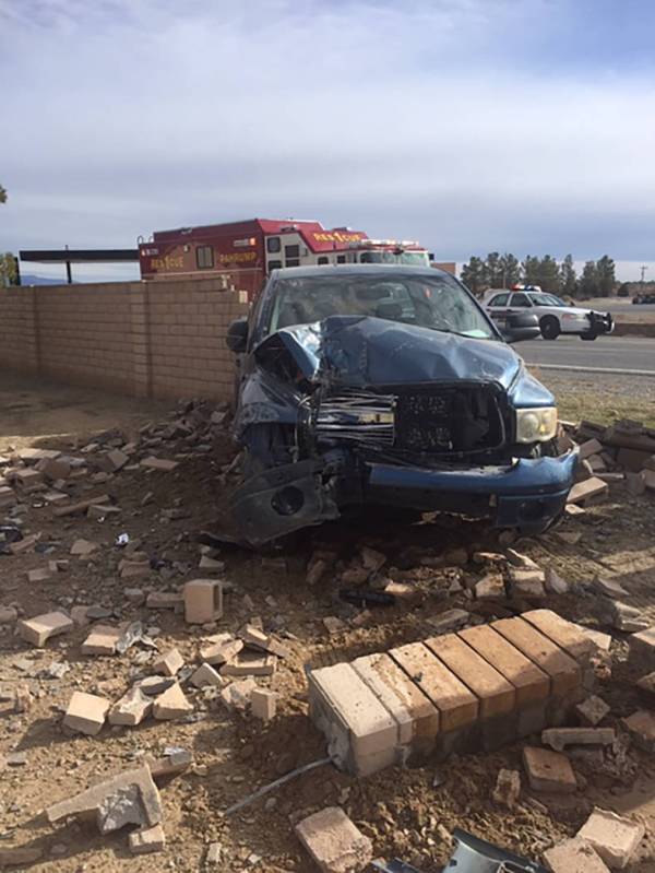 Special to the Pahrump Valley Times A driver was arrested after crashing through a block wall c ...