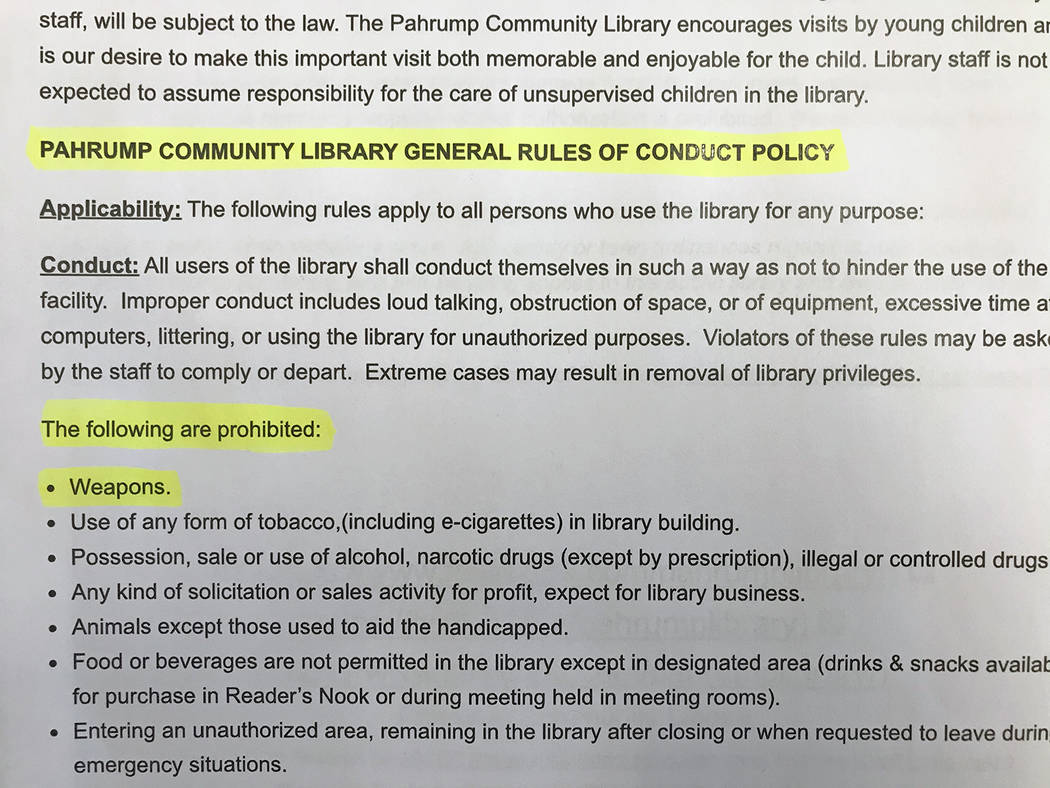 Robin Hebrock/Pahrump Valley Times The Pahrump Community Library's general rules of conduct pol ...