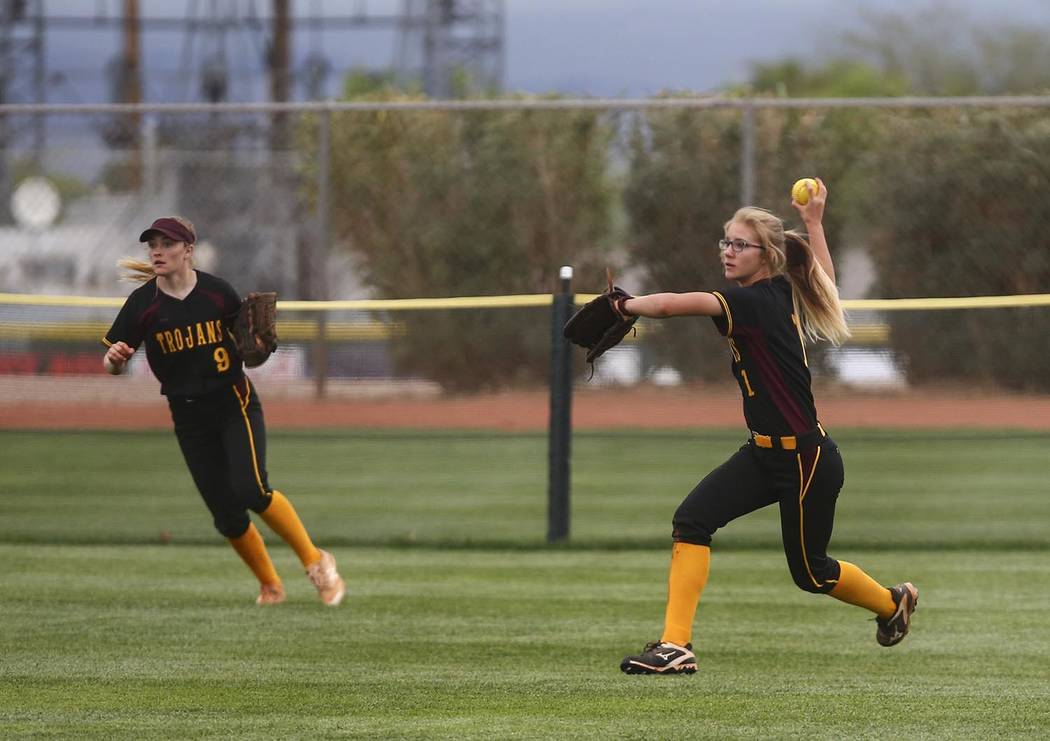 Special to the Pahrump Valley Times Pahrump Valley right fielder Terrena Martin, right, throws ...