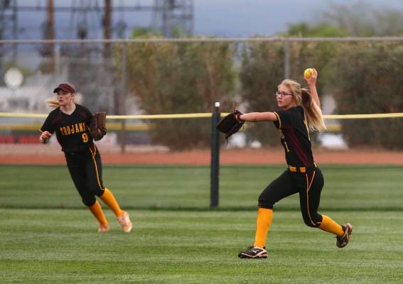 Special to the Pahrump Valley Times Pahrump Valley right fielder Terrena Martin, right, throws ...